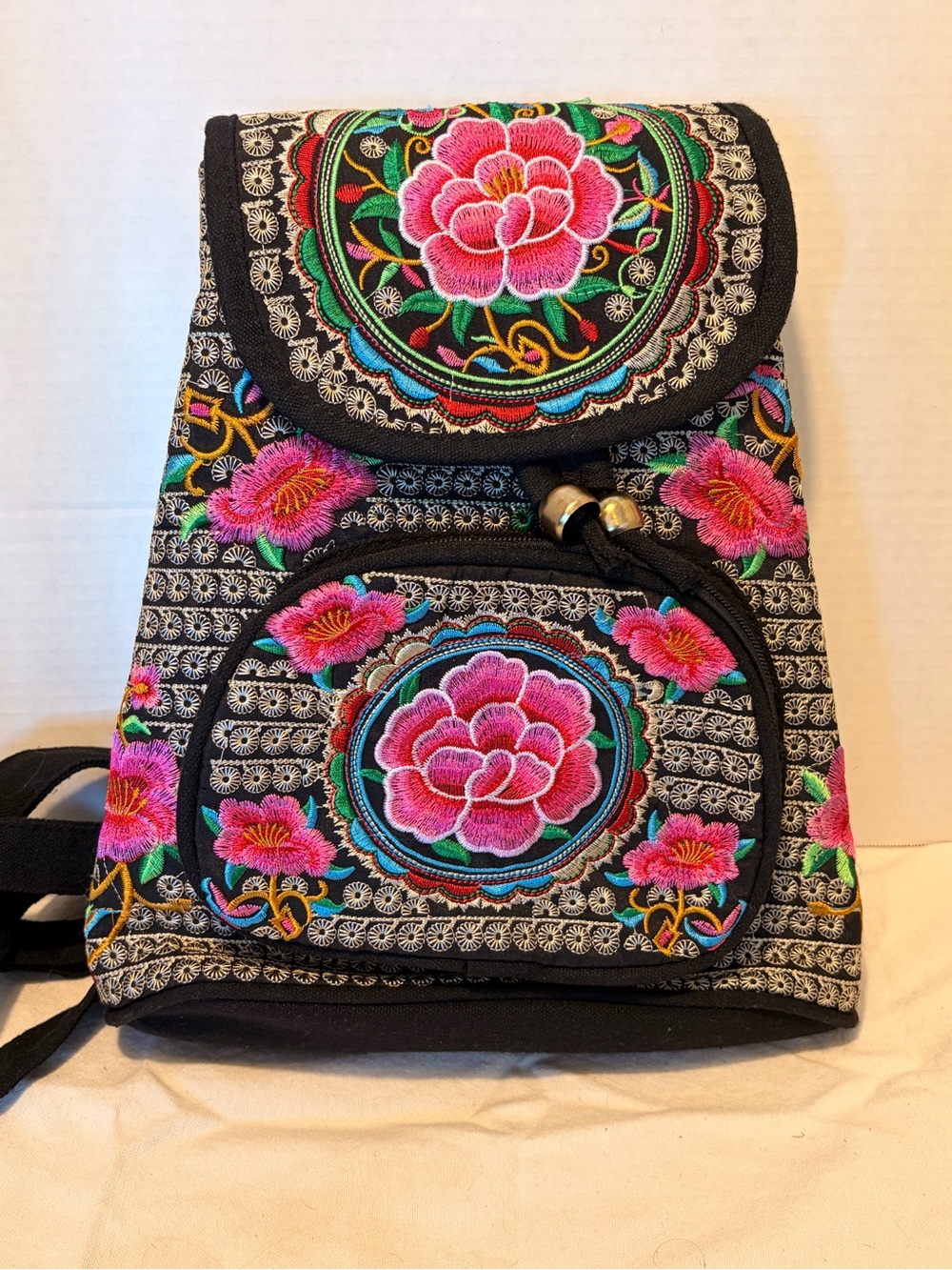 Source Unknown Black Canvas Backpack with Pink Floral Embroidery